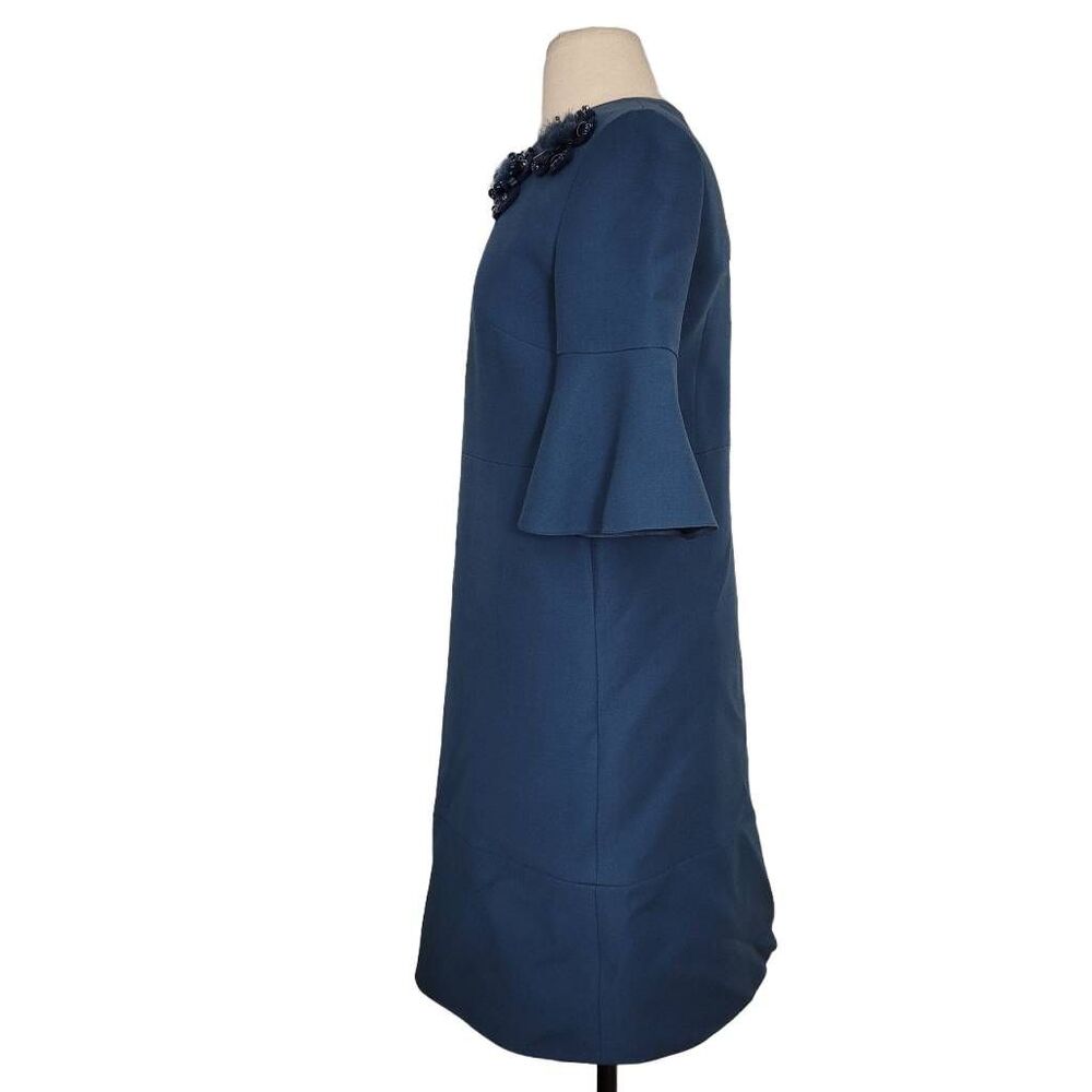 Fendi Blue Trumpet Bell Sleeve Floral Appliqué Sheath Dress Sz 40 US S Wool Silk - Picture 2 of 16